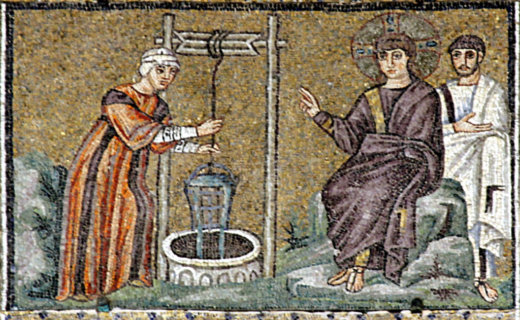 Kristus in Samarijanka pri vodnjaku. Mozaik iz 6. stoletja, bazilika Sant’Apollinare Nuovo v Ravenni. (javna domena)